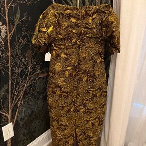 Lela Rose Brown and Gold Floral Midi Dress